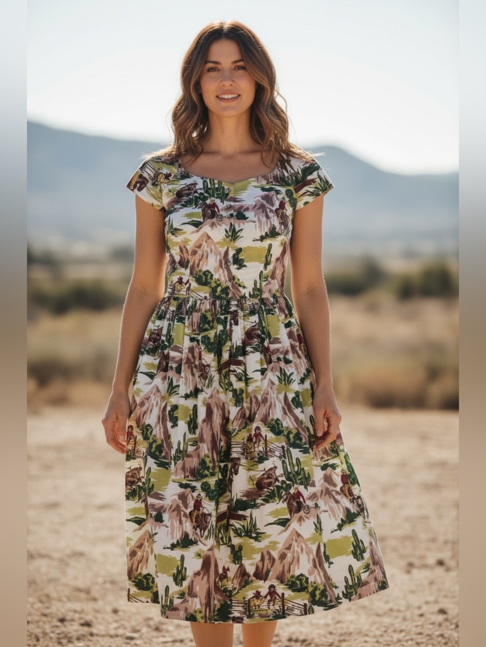 Emily and Fin Claudia Dress Small Cowboy Cactus Western Scenic Cotton Fit Flare